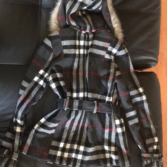 Plaid Peacoat with Fur-lined Hood - Picture 4 of 4